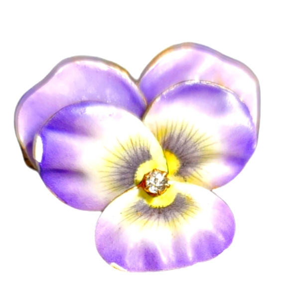 Antique Enamel and 0.25 carats Diamond Pansy Brooch/ pendant 14K yellow Gold - Picture 2 of 5